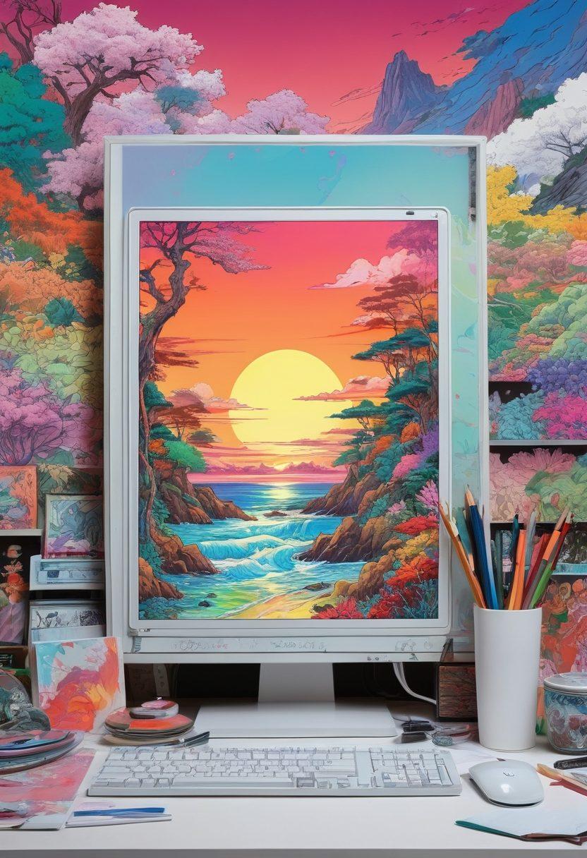 A vibrant collage depicting the evolution of hentai art, showcasing sketches transforming into colorful digital illustrations on a computer screen. Include elements like inking pens, layered digital screens, and symbols of adult themes subtly intertwined. Use bold lines and soft gradients to illustrate the progression. Create a dynamic and engaging flow throughout the image. super-realistic. vibrant colors. digital art.