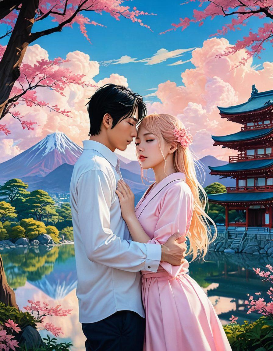 An alluring and sensual illustration of a couple in an intimate embrace, surrounded by iconic elements from hentai and erotic manga, blending soft pastel colors with bold outlines. The background features a whimsical setting, embodying the surreal and imaginative aesthetics of manga art style. The characters exude confidence and allure, showcasing expressive poses and playful expressions. Include subtle hints of traditional Japanese motifs to enhance the cultural aspect. vibrant colors. illustration.